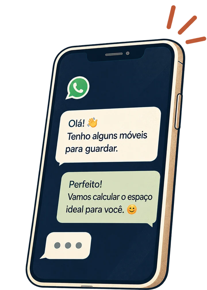 Celular mostrando uma conversa no WhatsApp sobre guardar móveis