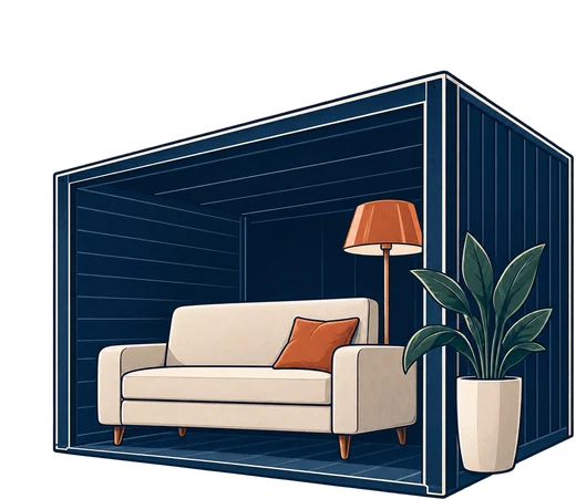 Box com sofá e planta guardados