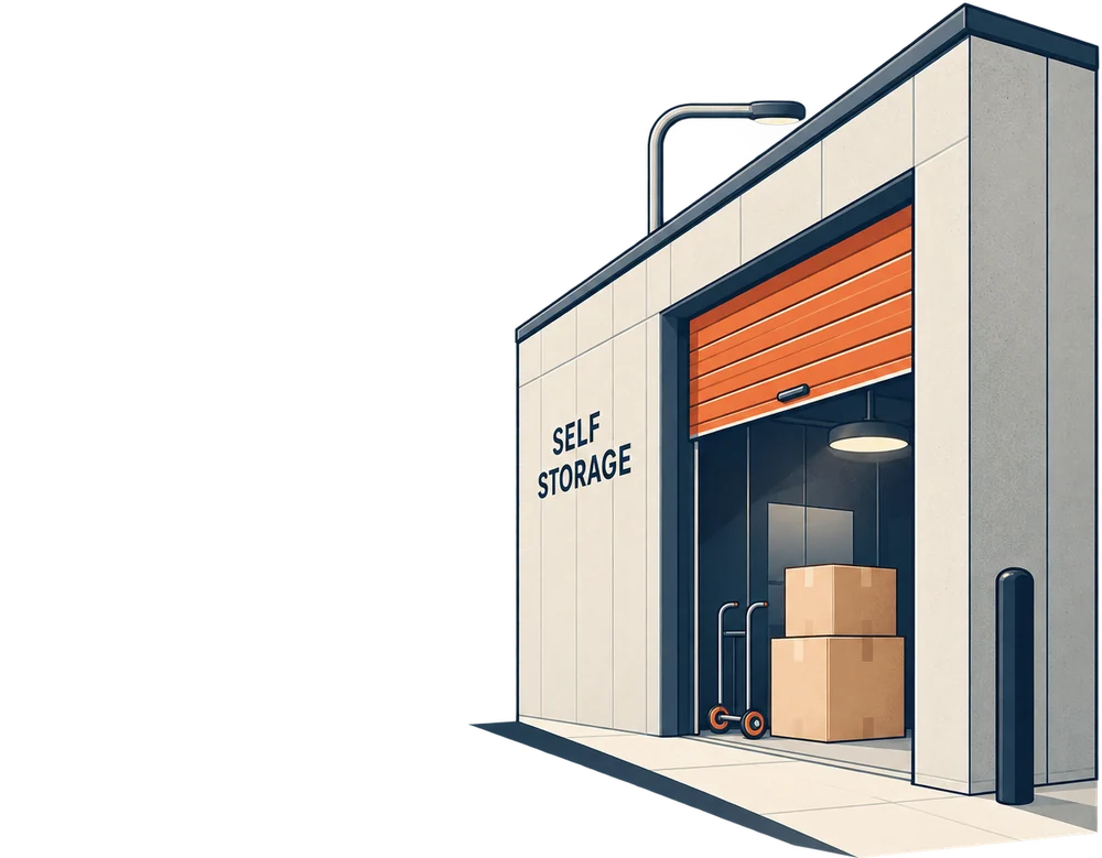 Box de self storage com a porta de enrolar aberta e caixas soltas dentro